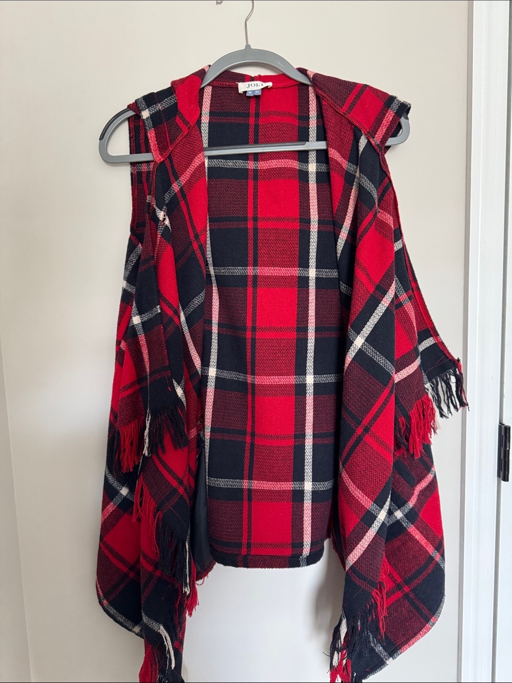 Jolt Red and Black Plaid Hooded Fringe Cape with pockets